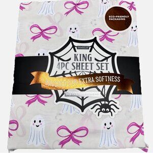 4pc Envogue Halloween KING Sheet Set Pink Coquette Bows Smiling Friendly Ghosts